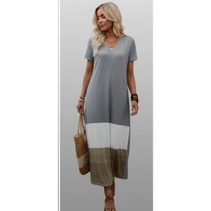 Short Sleeve Color Block Tee Dress Gray
